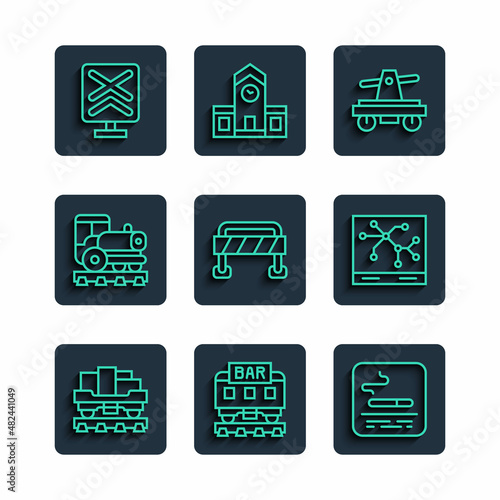 Set line Cargo train wagon, Restaurant, Smoking area, Draisine or handcar, Road barrier, Vintage locomotive, Railroad crossing and Railway map icon. Vector photo