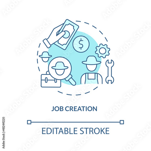Job creation turquoise concept icon. Rural electrification economic benefits abstract idea thin line illustration. Isolated outline drawing. Editable stroke. Roboto-Medium, Myriad Pro-Bold fonts used