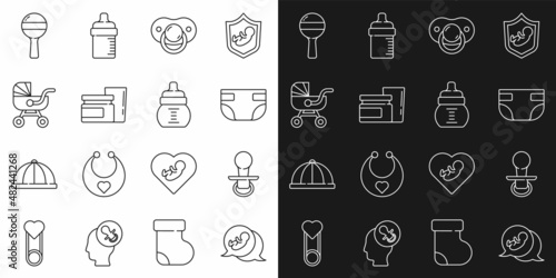 Set line Baby, dummy pacifier, absorbent diaper, food, stroller, Rattle baby toy and bottle icon. Vector
