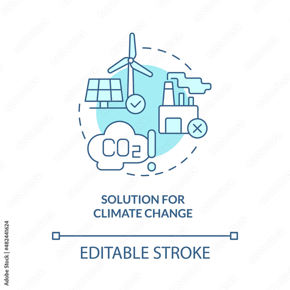 Solution for climate change turquoise concept icon. Electrification abstract idea thin line illustration. Isolated outline drawing. Editable stroke. Roboto-Medium, Myriad Pro-Bold fonts used