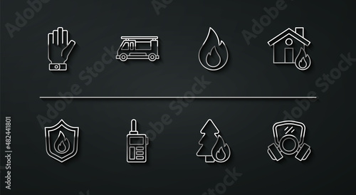 Set line Firefighter gloves, protection shield, in burning house, Burning forest tree, Walkie talkie, truck, Gas mask and flame icon. Vector