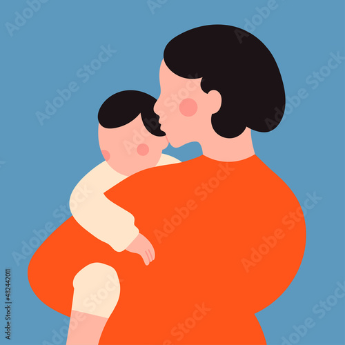 Portrait of Mother holding a baby. Loving family, parenthood, togetherness, childcare concept. Silhouette of a Mother and her kid. Happy Mother's Day card template. Hand drawn Vector illustration