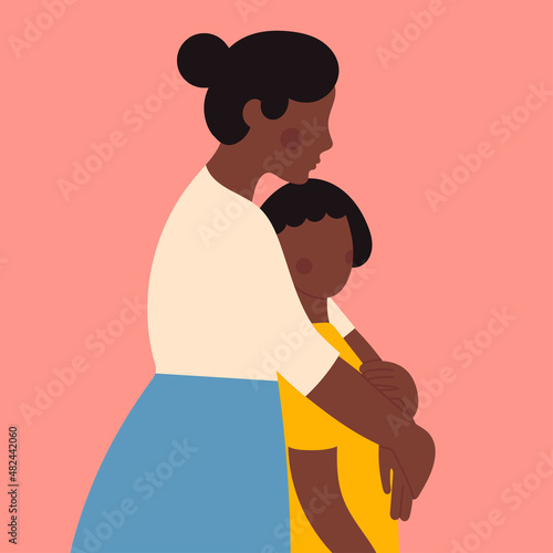 Portrait of a Mother hugging her kid. Loving family, parenthood, togetherness, childcare concept. Silhouette of a Mother and her child. Happy Mother's Day card template. Hand drawn Vector illustration