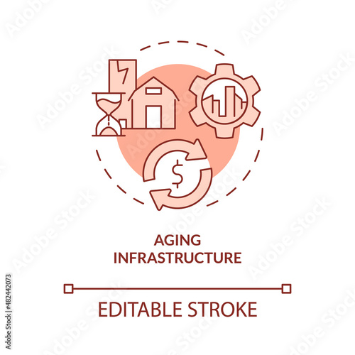 Aging infrastructure red concept icon. Rural electrification obstacles abstract idea thin line illustration. Isolated outline drawing. Editable stroke. Roboto-Medium, Myriad Pro-Bold fonts used