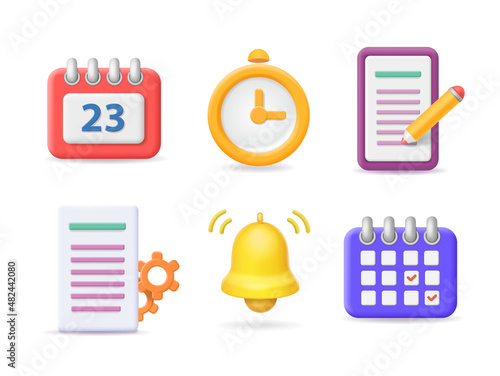 Project management and time administration, planning business documents 3d icons. Organization, working. Clock, calendar, document, bell, gear
