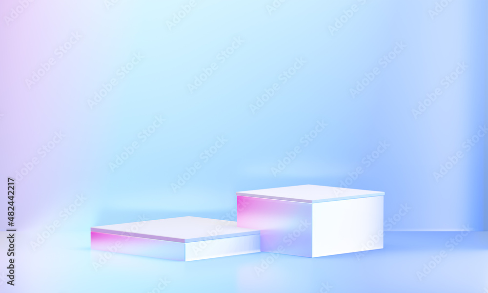 Two hologram color podium box display background purple blue light with clean wall in purple theme. 3D illustration rendering. Two hologram color podium box display background purple blue light with clean wall in purple theme. 3D illustration rendering.