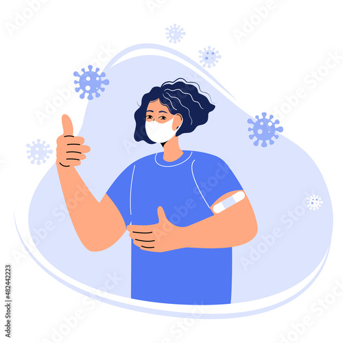 Coronavirus vaccine. Masked woman vaccinated against Covid-19. Immunization and health concept. Flat vector illustration.
