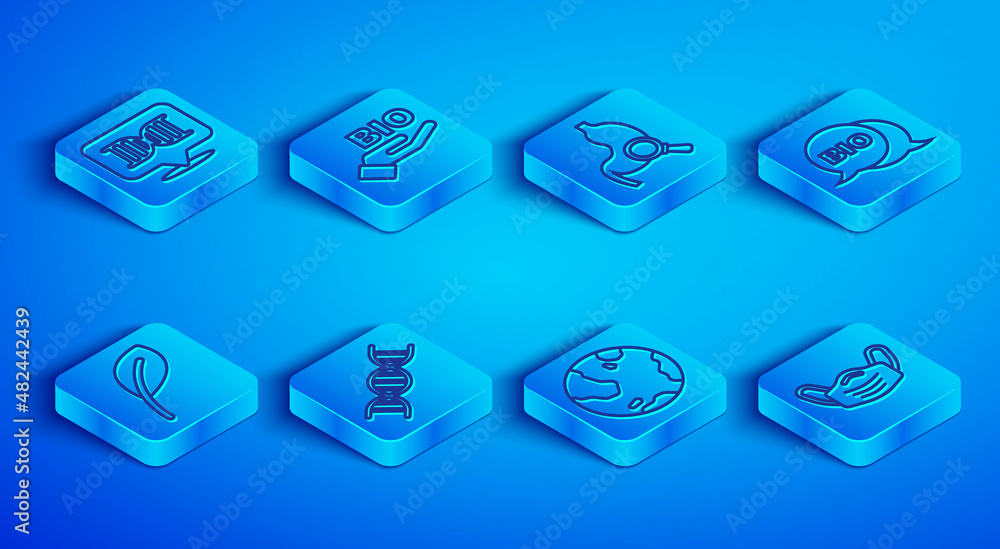 Set line DNA symbol, Bio healthy food, Stomach with magnifying glass, Earth globe, Leaf or leaves and Medical protective mask icon. Vector Set line DNA symbol, Bio healthy food, Stomach with magnifying glass, Earth globe, Leaf or leaves and Medical protective mask icon. Vector