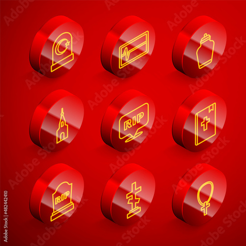 Set line Muslim cemetery, Beat dead in monitor, Funeral urn, Church building, Speech bubble rip death, Holy bible book, Tombstone with RIP written and Grave cross icon. Vector