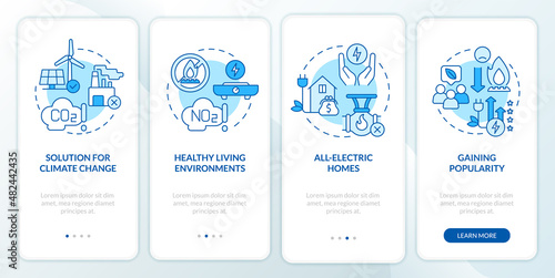 Benefits of electrification blue onboarding mobile app screen. Walkthrough 4 steps graphic instructions pages with linear concepts. UI, UX, GUI template. Myriad Pro-Bold, Regular fonts used