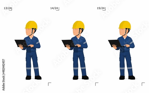 An industrial worker with laptop is explaining something on white background
