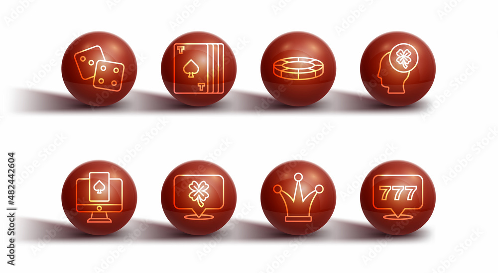 Set line Game dice, Online poker table game, Casino slot machine with clover, Joker playing card, Deck of cards, Slot jackpot and chips icon. Vector Set line Game dice, Online poker table game, Casino slot machine with clover, Joker playing card, Deck of cards, Slot jackpot and chips icon. Vector