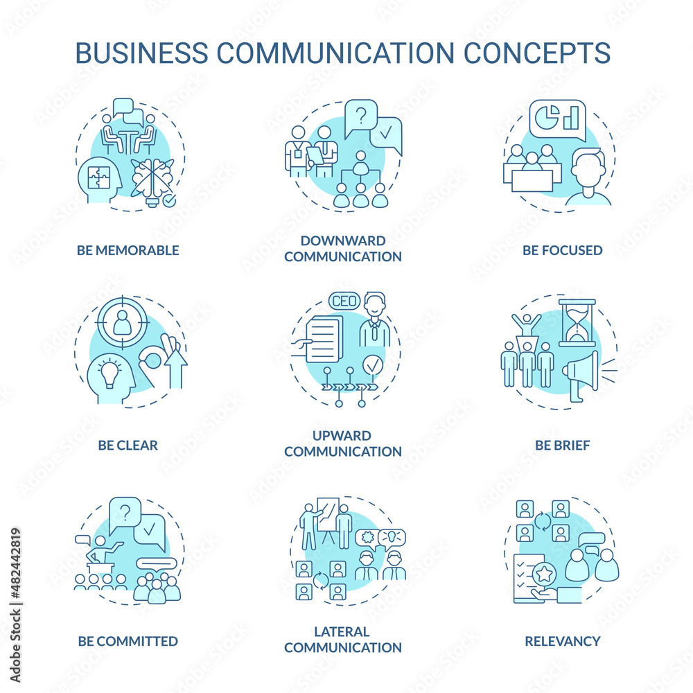 Business communication turquoise concept icons set. Workplace etiquette idea thin line color illustrations. Isolated outline drawings. Editable stroke. Roboto-Medium, Myriad Pro-Bold fonts used