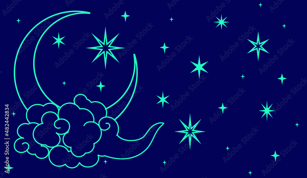 Magic vector border with moon, cloud, stars. Chinese blue decorative ornament. Graphic pattern for astrology, esoteric, tarot, mystic and magic