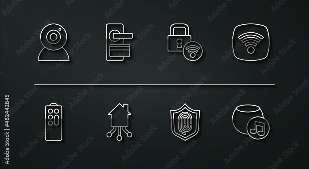 Set line Web camera, Remote control, Wi-Fi wireless internet network, Fingerprint, Smart home, Digital door lock, Voice assistant and icon. Vector Set line Web camera, Remote control, Wi-Fi wireless internet network, Fingerprint, Smart home, Digital door lock, Voice assistant and icon. Vector