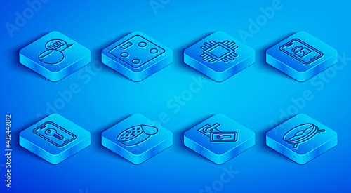 Set line Voice assistant, Smart bathroom scales, Processor with CPU, Water sensor, Digital door lock, key and Robot vacuum cleaner icon. Vector