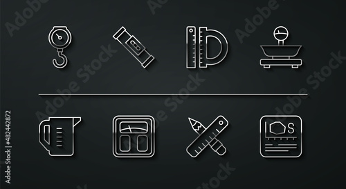 Set line Hand scale spring mechanical, Measuring cup, Scales, Crossed ruler pencil, Bathroom scales, Construction bubble level, Area measurement and Protractor icon. Vector