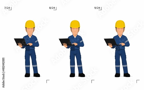 An industrial worker with laptop is explaining something on white background