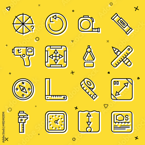 Set line Area measurement, Diagonal measuring, Crossed ruler and pencil, Roulette construction, Digital thermometer, Circle of pieces and Drawing compass icon. Vector