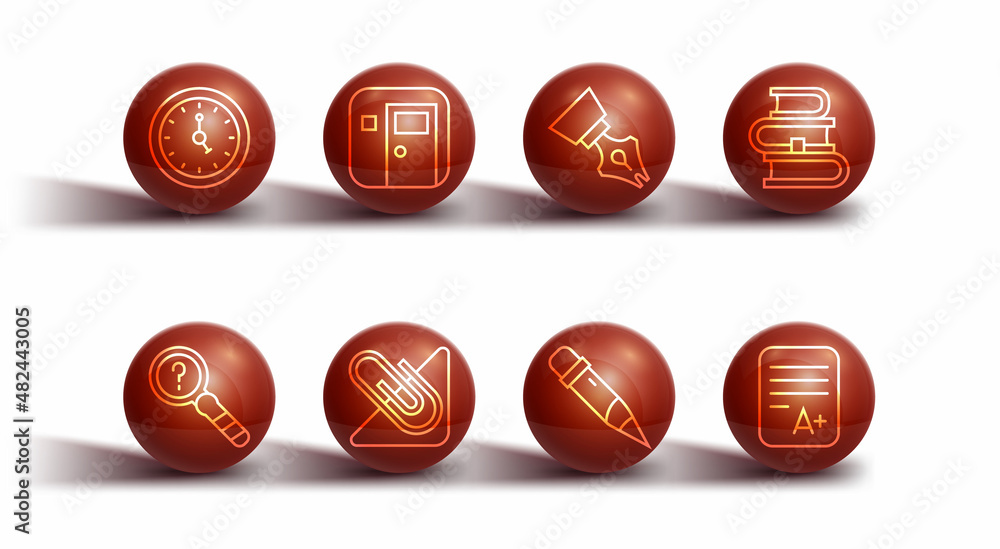Set line Clock, Unknown search, Book, Pencil with eraser, Paper clip, School classroom, Exam sheet A plus grade and Fountain pen nib icon. Vector Set line Clock, Unknown search, Book, Pencil with eraser, Paper clip, School classroom, Exam sheet A plus grade and Fountain pen nib icon. Vector
