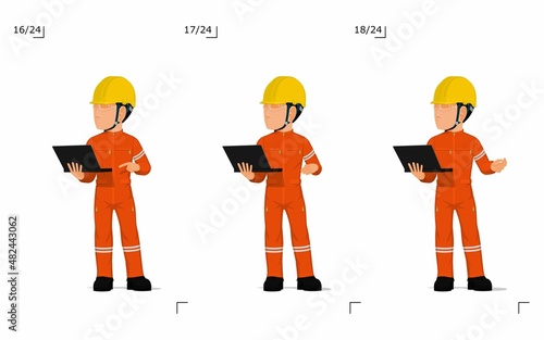 An industrial worker with laptop is explaining something on white background