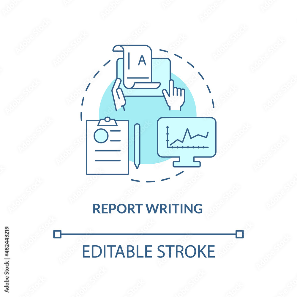 Report writing turquoise concept icon. Improve decision-making abstract idea thin line illustration. Material presentation. Isolated outline drawing. Editable stroke. Arial, Myriad Pro-Bold fonts used Report writing turquoise concept icon. Improve decision-making abstract idea thin line illustration. Material presentation. Isolated outline drawing. Editable stroke. Arial, Myriad Pro-Bold fonts used