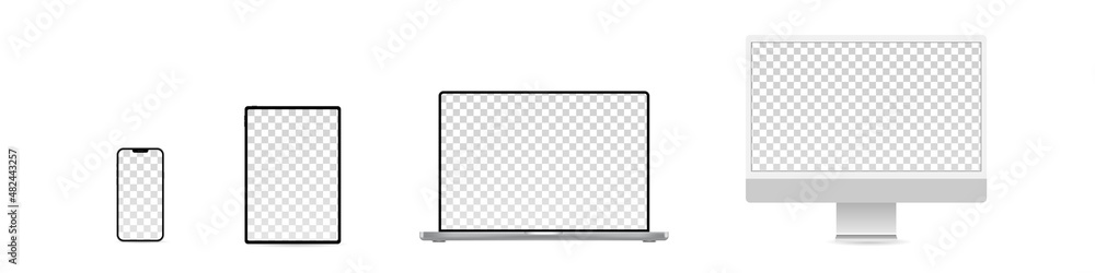 Device blank screen mockup. Realistic pc computer, laptop, tablet, mobile phone mock up. Vector isolated Device blank screen mockup. Realistic pc computer, laptop, tablet, mobile phone mock up. Vector isolated