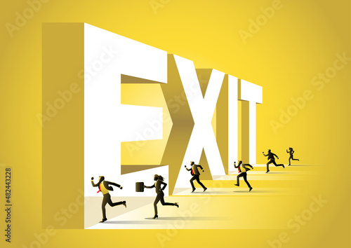 Business People Running Towards Exit Word