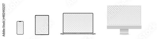 Device blank screen mockup. Realistic pc computer, laptop, tablet, mobile phone mock up. Vector isolated