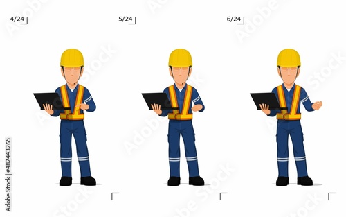 An industrial worker with laptop is explaining something on white background