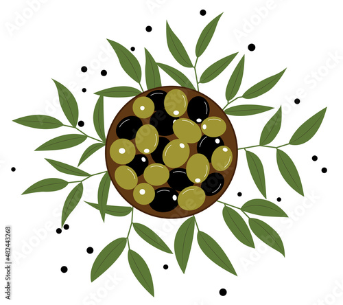 Vector illustration of olives. Plate with green and black olives