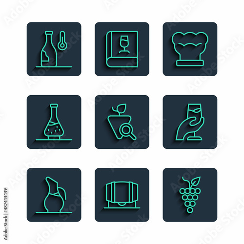 Set line Decanter for wine, Wooden barrel, Bunch of grapes, Chef hat, Grapes, Wine temperature and tasting, degustation icon. Vector