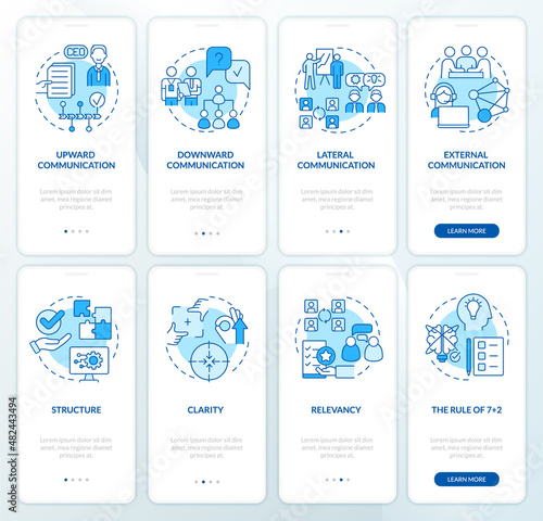 Workplace communication blue onboarding mobile app screen set. Walkthrough 4 steps graphic instructions pages with linear concepts. UI, UX, GUI template. Myriad Pro-Bold, Regular fonts used