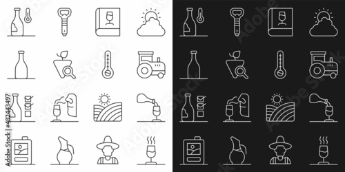 Set line Wine tasting, degustation, Tractor, Book about wine, Grapes, Bottle of, temperature and Meteorology thermometer icon. Vector