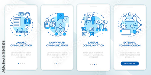Professional communication types blue onboarding mobile app screen. Walkthrough 4 steps graphic instructions pages with linear concepts. UI, UX, GUI template. Myriad Pro-Bold, Regular fonts used