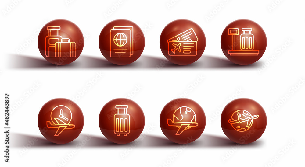 Set line Suitcase, Flight time, Scale with suitcase, Globe flying plane, Passport, and Airline ticket icon. Vector Set line Suitcase, Flight time, Scale with suitcase, Globe flying plane, Passport, and Airline ticket icon. Vector