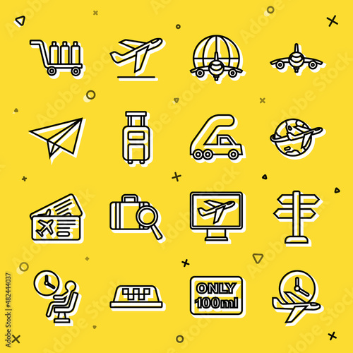 Set line Flight time, Road traffic sign, Globe with flying plane, Suitcase, Paper airplane, Trolley baggage and Passenger ladder for boarding icon. Vector