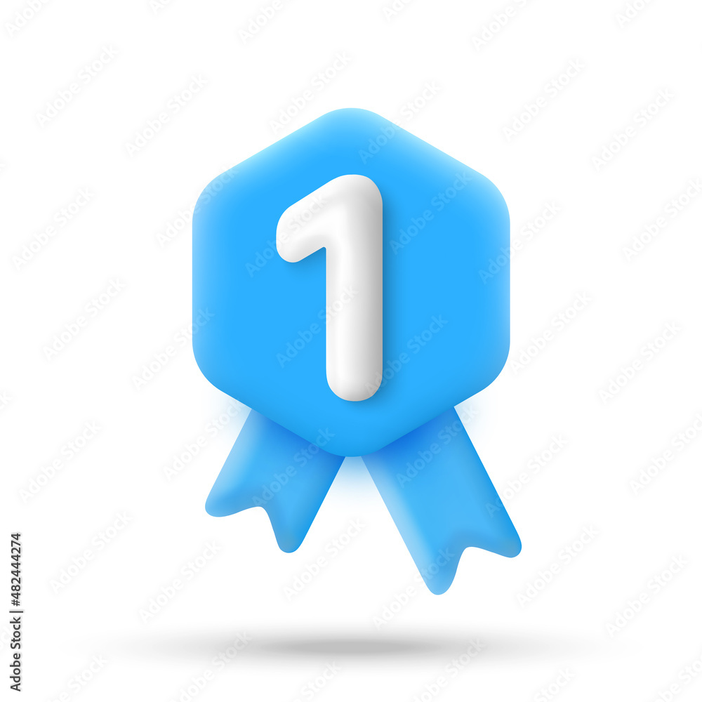 Blue badge with white number 1 in 3d cartoon minimal style. Guarantee quality and best product icon. Winners ribbon. Vector illustration. Blue badge with white number 1 in 3d cartoon minimal style. Guarantee quality and best product icon. Winners ribbon. Vector illustration.