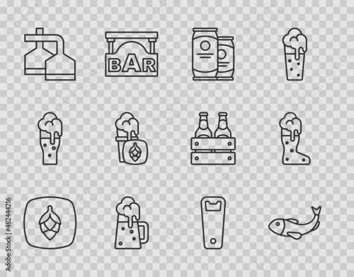 Set line Hop, Dried fish, Beer can, Wooden beer mug, brewing process, Glass of, Bottle opener and Boot glass icon. Vector