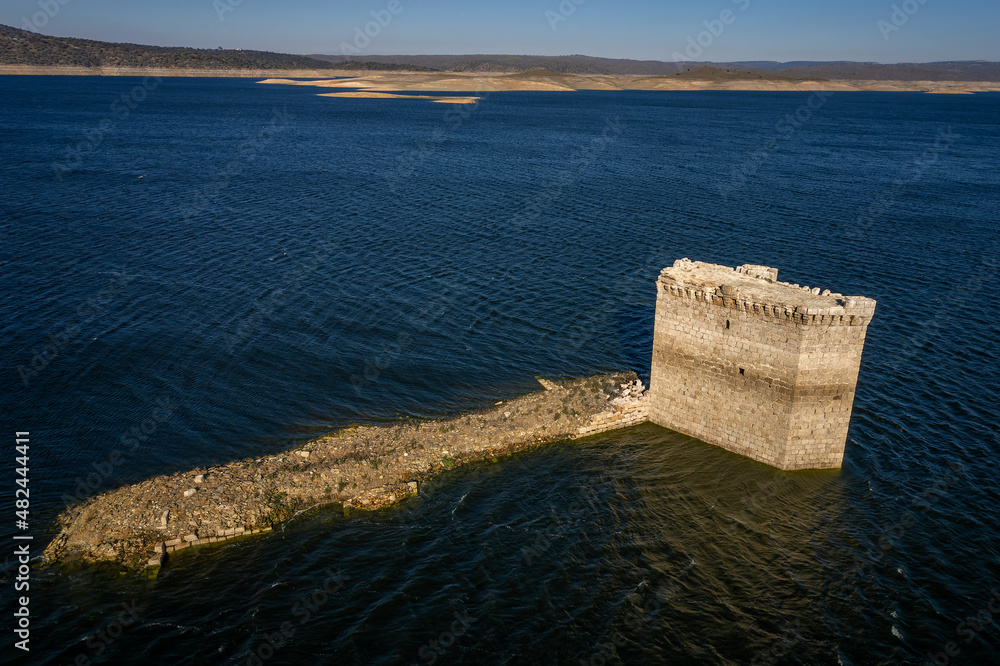 Torre de Floripes, castle located in the Alcantara reservoir. Extremadura. Spain. Torre de Floripes, castle located in the Alcantara reservoir. Extremadura. Spain.