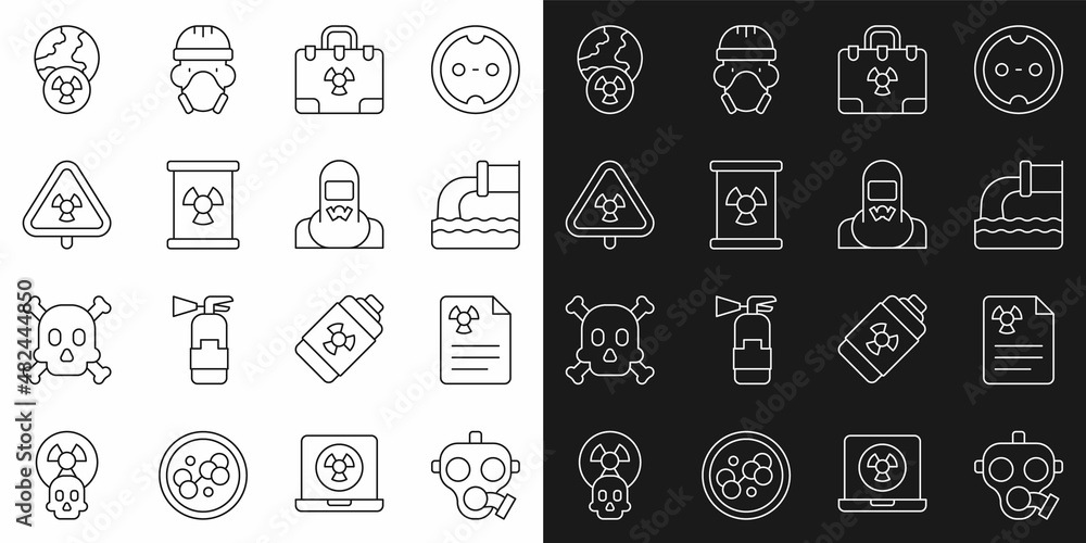 Set line Gas mask, Radiation warning document, Wastewater, nuclear suitcase, Radioactive waste barrel, Triangle with radiation, Planet earth and and Nuclear reactor worker icon. Vector Set line Gas mask, Radiation warning document, Wastewater, nuclear suitcase, Radioactive waste barrel, Triangle with radiation, Planet earth and and Nuclear reactor worker icon. Vector