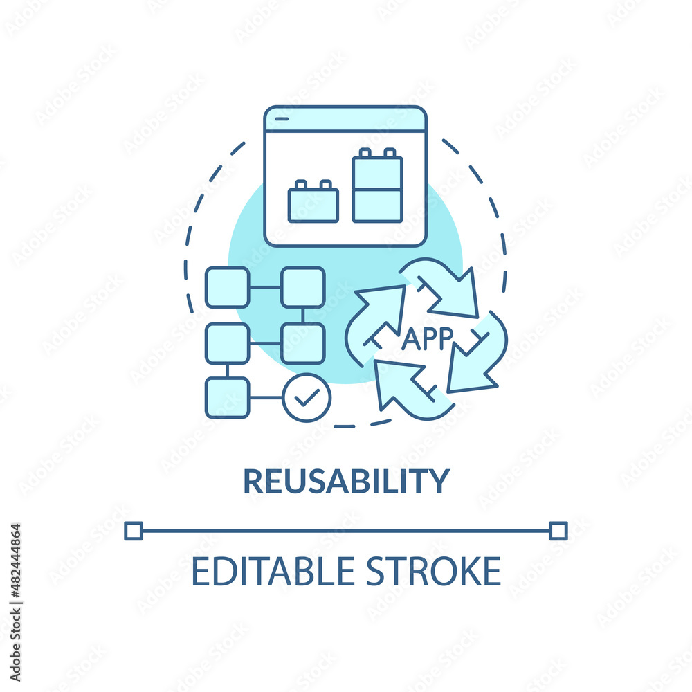 Reusability turquoise concept icon. Feature of software and application. Web 3 0 abstract idea thin line illustration. Isolated outline drawing. Editable stroke. Arial, Myriad Pro-Bold fonts used Reusability turquoise concept icon. Feature of software and application. Web 3 0 abstract idea thin line illustration. Isolated outline drawing. Editable stroke. Arial, Myriad Pro-Bold fonts used