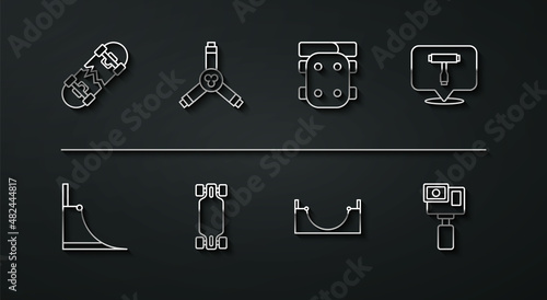 Set line Broken skateboard, Skate park, Skateboard T tool, Longboard or, Y-tool, Action camera and Knee pads icon. Vector