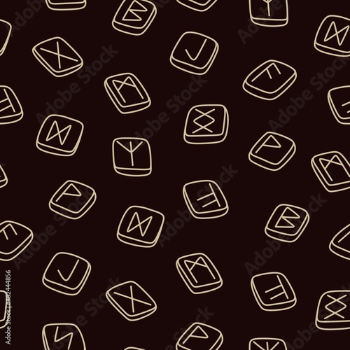 Pattern with magical symbols of boho esotericism mystical hand-drawn elements stone crystals. In gold color on a black background. Magical vector elements