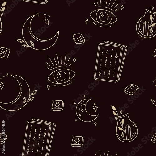 Pattern with magical symbols of boho esotericism mystical hand-drawn elements stone crystals. In gold color on a black background. Magical vector elements