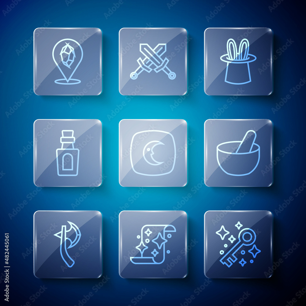 Set line Wooden axe, Magic scroll, Old magic key, Magician hat and rabbit ears, Moon stars, Bottle with potion, stone and Witch cauldron icon. Vector Set line Wooden axe, Magic scroll, Old magic key, Magician hat and rabbit ears, Moon stars, Bottle with potion, stone and Witch cauldron icon. Vector