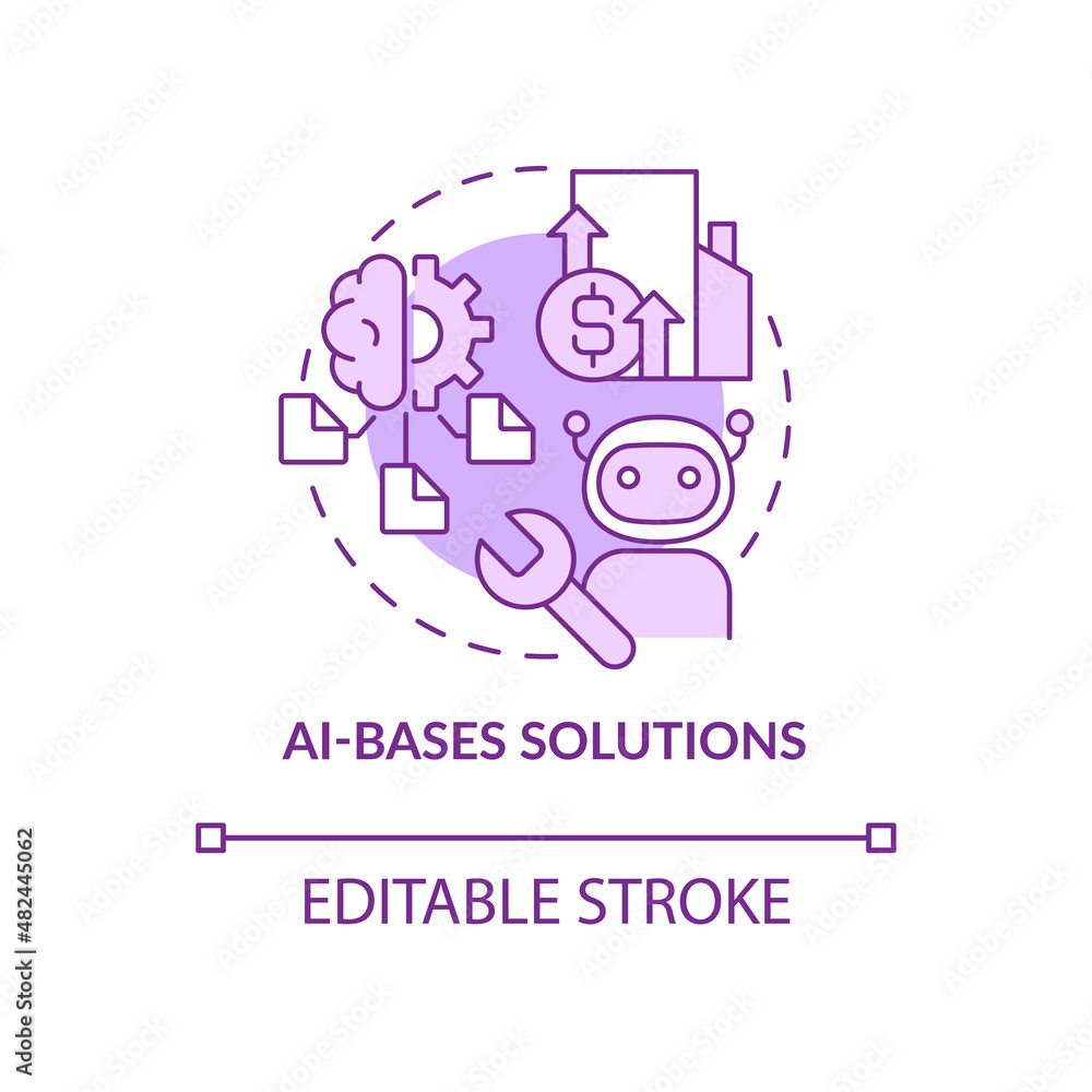 Obraz premium AI bases solutions purple concept icon. Cost efficient technology. Web 3 0 abstract idea thin line illustration. Isolated outline drawing. Editable stroke. Arial, Myriad Pro-Bold fonts used