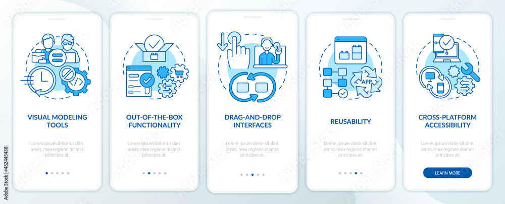 Low code platforms features blue onboarding mobile app screen. Web 3 0 walkthrough 5 steps graphic instructions pages with linear concepts. UI, UX, GUI template. Myriad Pro-Bold, Regular fonts used Low code platforms features blue onboarding mobile app screen. Web 3 0 walkthrough 5 steps graphic instructions pages with linear concepts. UI, UX, GUI template. Myriad Pro-Bold, Regular fonts used