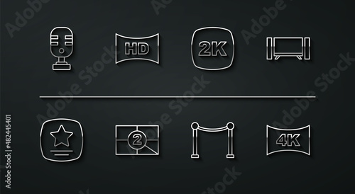 Set line Microphone, Walk of fame star, Smart Tv, Rope barrier, Old film movie countdown frame, Hd movie, tape,, Screen tv with 4k and 2k Ultra HD icon. Vector