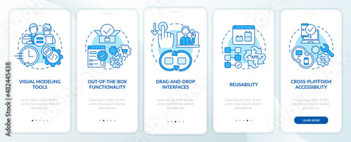 Low code platforms features blue onboarding mobile app screen. Web 3 0 walkthrough 5 steps graphic instructions pages with linear concepts. UI, UX, GUI template. Myriad Pro-Bold, Regular fonts used